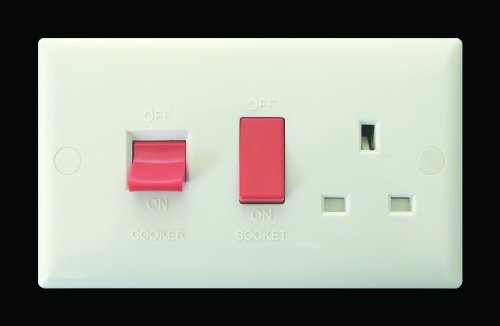 Varilight 45 Amp Cooker Panel with 13 Amp Switched Socket (Horizontal Double Size), White Moulded Bevel - XO45PW