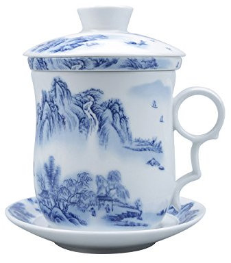 ufengke Chinese Landscape Painting Ceramic Teacup,Jingdezhen Blue And White Porcelain Tea Cup Set,For Gift And Household Office,300ml