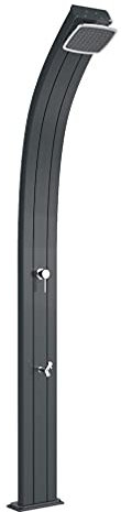 Doccia a riscaldamento solare Arkema A120/7016 Spring Antracite Doccia solare dal design curvo totalmente in alluminio con trattamento anticorrosione Verniciata a polvere Serbatoio con capacità di 30 lt Altezza 224 cm Peso 15kg Con miscelatore e lavapiedi