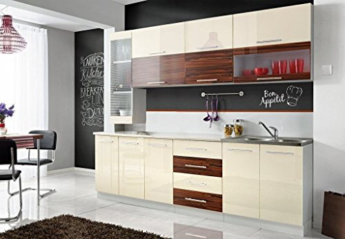 CON Komplette Küche MONI S 260 cm Verschiedene Farbkombinationen Hochglanz NEU (Vanilla/zebrano)