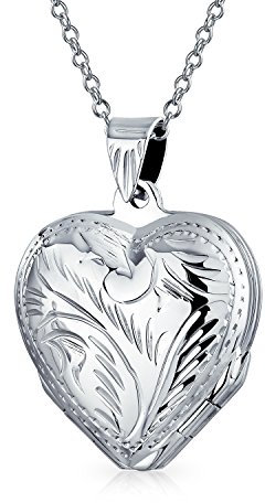 Bling Jewelry Pendentif médaillon cœur à quatre photos gravé style vintage pour femmes en argent .925, collier de 1,2 pouce.