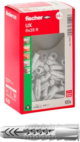 Fischer UX 6x35 R Tasselli Universali | 100 Pezzi | per Muro Pieno, Mattone Forato, Cartongesso | Installazione e Fissaggio Mobili, Armadietti, Lampade, Staffe TV