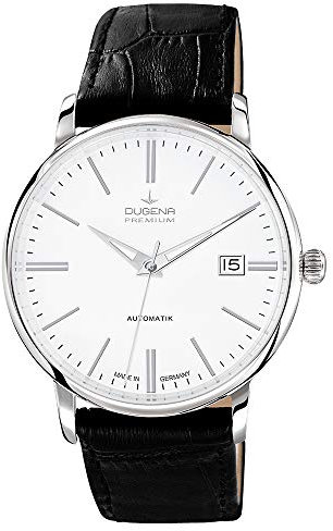 Dugena Herren-Armbanduhr 7000190 Festa Klassik, Automatik, weißes Zifferblatt, Edelstahlgehäuse, Saphirglas, Lederarmband, Dornschließe, 5 bar