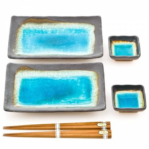 Zen Minded Blue Crackleglaze Japanese Ceramic Plate Set for Sushi & Other Cuisine - Turquoise Glaze - Includes Soy & Wasabi Sauce Dishes Plus Chopsticks in Gift Box
