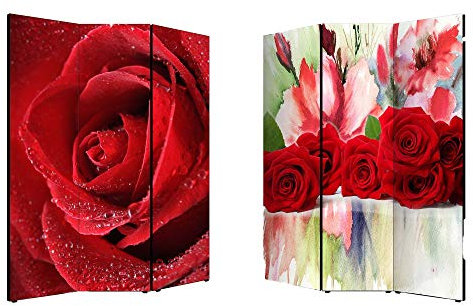 Lupia - Separe' Divisorio Paravento Roses 176x135,6x3,2 cm 3 Ante in Legno con Tela Stampata Fronte Retro bifacciale