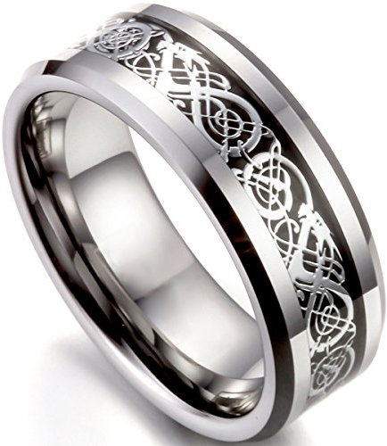Flongo Herrenring Männer Ringe Bandring Daumen Ring Siegelring Wolfram Wolframcarbid Silber Schwarz Irish Celtic Knot Irischen Keltisch Knoten Drachen Herren-Accessoires, Größe 76