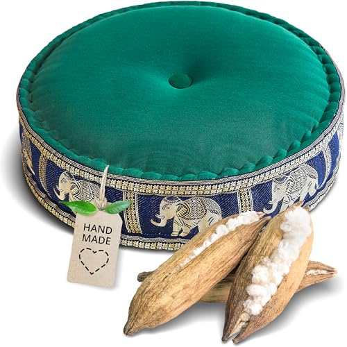 livasia Meditationskissen mit Thaiseide - Ø 45x15cm - Yogakissen mit Kapok, Pouf, Bodenkissen für Yoga und Zen Meditation, Sitzkissen für Garten und Balkon, Zafukissen (Grün/Blau/Elefanten Seide)