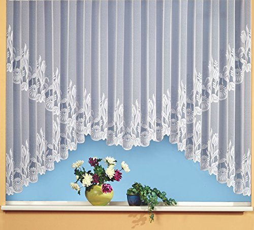 heimtexland® Rundkuvert-Bogen Store Gardine Jacquard weiß transparent Kräuselband Vorhang mit Blumen Borte Gebogt Oekotex Typ69 Höhe x Breite 145x750 cm