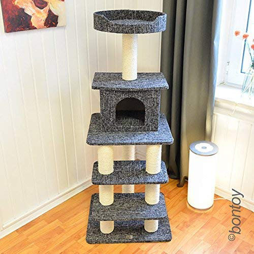 Bontoy Kratzbaum Carlo in schwarz I 55,5 x 50,5 x 130 cm I mit 8 cm Sisalstämmen I auch für große Katzen geeignet