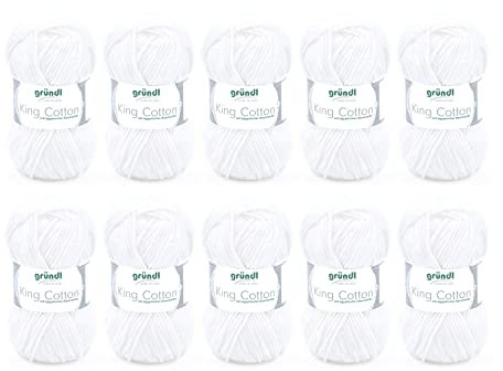 Gründl Wolle King Cotton - dicke Wolle zum Stricken - Strickgarn - Häkelgarn - weich und hautfreundlich - 55 % Polyacryl, 45 % Baumwolle - 10 Knäuel 50 g / 78 m - Nadelstärke 6-7 - weiß