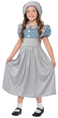 Smiffys Victorian School Girl Costume, Grey with Dress & Hat, Girls Fancy Dress, Child Dress Up Costumes Halloween