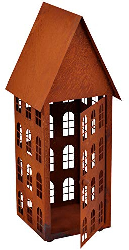 Gartendeko Haus hoch Laterne Gartenlicht zum Stellen Metall Rost Deko (15 x 15 x 45 cm)