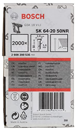 Bosch Professional 2000x Finish Nails SK64 20NR (1.6/16 g 20°, 2.8x1.35x50 mm, Stainless Steel, Accessories for Nail Guns)