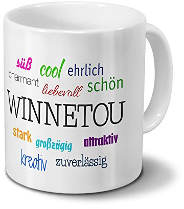 digital print Tasse mit Namen Winnetou - Motiv Positive Eigenschaften - Namenstasse, Kaffeebecher, Mug, Becher, Kaffeetasse - Farbe Weiß