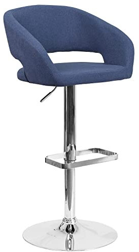 Flash Furniture Erik Bequemer und stilvoller Barhocker mit Abgerundeter Mittellehne und Fußstütze, höhenverstellbar, Blauer Stoff mit Chromfuß