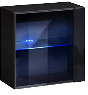 MB Muebles Bonitos, Vitrine Mural Berit pour Salon ou Salle à Manger Moderne avec Lumière LED, Meuble Modulaire, Porte en PVC Haut Brillant, Structure en Mélamine Mate, Noir, 60x60x30 cm
