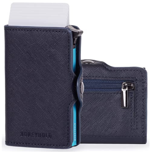 Moneyhold® Porte-Cartes Bancaire Unisexe - Portefeuille Slim en Simil-Cuir Vegan Anti Piratage RFID, Compact et Élégant (B - avec Porte-Monnaie, 5 - Bleu Saffiano)