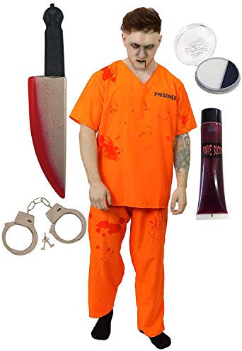 Zombie Convict Halloween Fancy Dress Costume Set. Orange Prisoner Top & Trousers + Knife + Blood + Handcuffs + Facepaint. Escaped Prisoner Horror Serial Killer. Size: Large