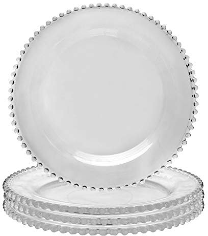Set of Four Dinner Plates - Glass Dining Crockery with Beaded Edge Alfresco Dining Tableware - D26.5cm