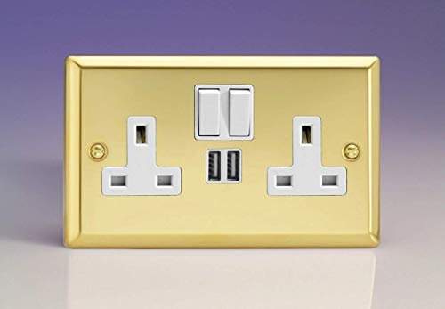 Varilight 2-Gang 13A Single Pole Switched Socket + 2x5V DC 2100mA USB Charging Ports Victorian Brass