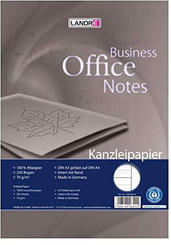 Landré Kanzlei-Papier Recycling A3 auf A4 gefalzt, liniert, 70 g/m², 250 Kanzleibogen