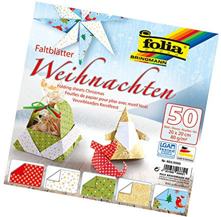 folia 493/2020 - Faltblätter Weihnachten, 20 x 20 cm, 80 g/qm, 50 Blatt sortiert in 5 Motiven - ideal für wunderschöne Faltfiguren und -formen