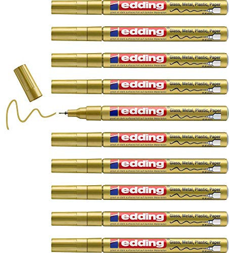 edding 780 gloss paint marker - gold - 10 paint markers - extra-fine round tip 0.8 mm - paint pen for glass, pebbles, wood, plastic, paper - waterproof, high coverage