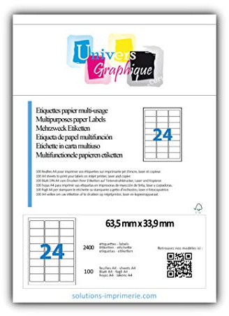 100 Bogen DIN A4 zu je 24 Etiketten (63,5 x 33,9 mm)= 2.400 bedruckbare Etiketten, permanent haftend, mattweiß. Kompatibel mit allen gängigen Drucksystemen und Softwareprogrammen (Code L7159)