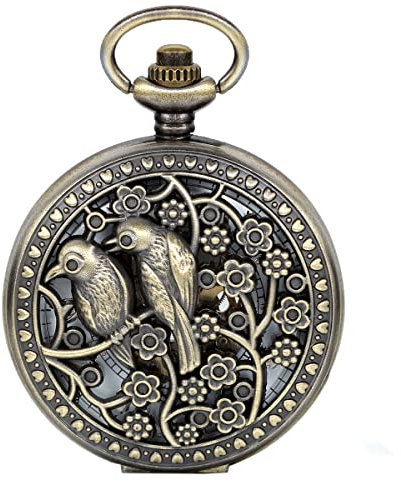JewelryWe Taschenuhr Turteltauben Vögel Blumen Hohe Openwork Handaufzug Mechanische Skelett Uhr Pullover Halskette Kette