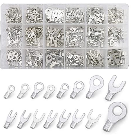 420pcs Non-Insulated Ring Terminals & Fork Connector Kit 22-16/16-14/12-10 Gauge Wire Lugs Battery Cable Terminals Wire Crimp Connectors High Temperature T2 Pure Non-Insulated Copper Connector