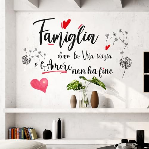 STICKER DESIGN Scritte adesive per pareti con frasi famiglia, Adesivo muro decorativo con Frase Adesiva e Cuori per Decorazioni Pareti di Salone, Cucina e Sala da pranzo, stickers frasi famiglia