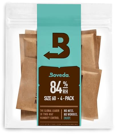 Boveda für Zigarren | 2-Wege-Feuchtigkeitskontrolle mit 84 % relativer Feuchtigkeit zum Einrichten eines Humidors | Größe 60 zur Verwendung für jeweils 25 Zigarren im Humidor | für die richtige Einrichtung eines Humidors aus Holz innerhalb von 14 Tagen | wiederverschließbare Verpackung mit 4 Stück