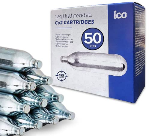 ICO Lot de 50 Cartouche CO2 12g Non Filetées, Recharges de Gaz Airsoft Standard pour Équipements de Loisir, Airsoft et Paintball, Performance et Pression Constante