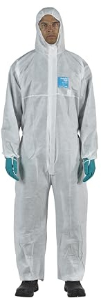 Ansell AlphaTec 1500 Model 111, Disposable Work Overall with Hood, Chemical Protection Type 5/6, Water Repellent Coverall Suit, Industrial Safety Workwear, Men Women, White, Size XL (1 Unit)