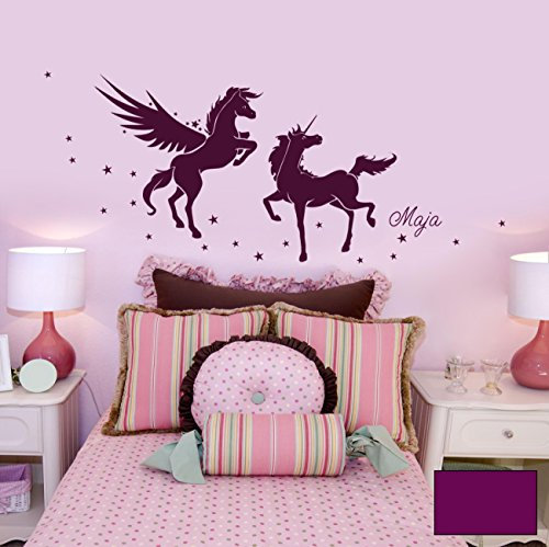 ilka parey wandtattoo-welt® Wandtattoo Wandaufkleber Wandsticker Aufkleber Sticker Einhörner mit Namen und Sterne M780 - ausgewählte Farbe: *Lila* ausgewählte Größe:*M 35cm x 50cm
