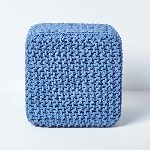 HOMESCAPES Blue Knitted Cube Footstool Bean Filled 100% Cotton for Living Room Children or the Elderly