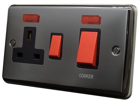 Discount Electrix 45A Cooker Switch and 13A Switched Socket with LED Indicators Black Nickel Finish with Black Insert and Red Plastic Rocker Switches