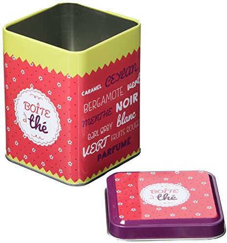 Delys-By-Verceral 515596 Boîte à thé, rangement pour votre vrac de thé, petite boîte métal, décor rouge et fleuri, 8 x 8 x 10 cm