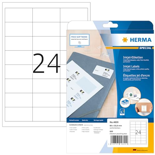 HERMA Self Adhesive Multipurpose Inkjet Labels, 24 Labels per A4 Sheet, 25 Sheets, 66 x 33.8 mm, 600 Labels, Blank Universal Labels Stickers, Sticky Labels for Inkjet Printer, White