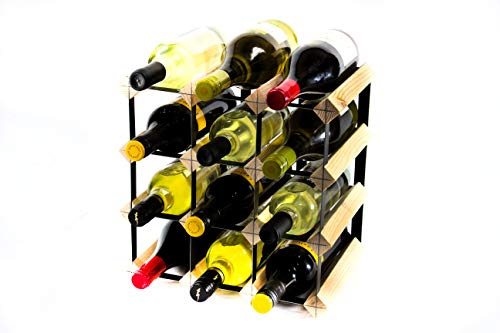 Classic 12 Bottle Pine Wood and Black Metal Wine Rack | Ready Assembled