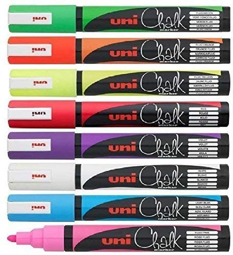 Flüssigkreidemarker, runde Spitze (1,8 - 2,5 mm), für Whiteboard, Kreidetafel, (einer von jeder Farbe - weiß, rot, hellblau, lila, fluoreszierend gelb, fluoreszierend grün, fluoreszierend pink, fluoreszierend orange - 8 Stifte) PWE -5M