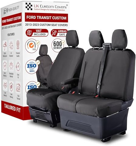 To Fit Ford Transit Custom Seat Covers 2013-2023 Front Set | Waterproof & Heavy Duty, Easy To Fit Ford Transit Custom Accessories - Driver & Double Passenger With Tray Black