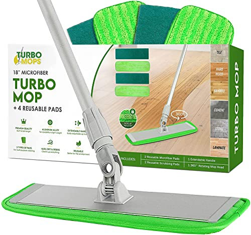 Turbo Microfiber Mopas para Limpiar Suelos, trapeador Plano de 17 Pulgadas con 4 Almohadillas Reutilizables y Cabezal de fregona de 360 centrifugados con Mango Extensible, Suministros y Herramientas