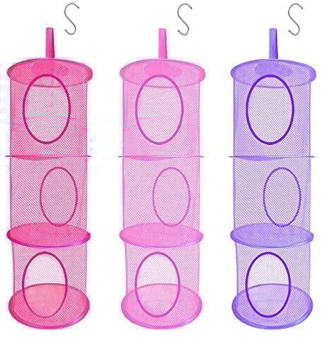 LIVEHITOP 3 Stück Set Mesh Hängender Speicher Korb Weihnachten Geschenk, 3 Tier zusammenklappbare Network Storage Raum speichern Beutel Organisator für Spielzeug, kleine Kleidung (Rosa Rose Lila)