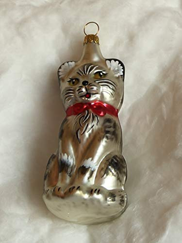 Lauschaer Glas Christbaumschmuck große Katze weiß matt/grau/schwarz Christbaumschmuck mundgeblasen,handdekoriert