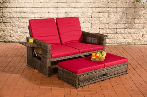 CLP Polyrattan 2er-Loungesofa Ancona 5mm, Rundrattan Garten-Sofa, ausziehbares Fußteil, Verstellbare Rückenlehne | Farbe braun-meliert Polsterfarbe Rubinrot