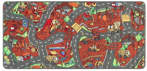 Primaflor Spielteppich mit Straßen - Baustelle, 95x200 cm, Robuster Kinder-Teppich, Hochwertiger Straßenteppich für das Kinderzimmer, Spielmatte Jungen/Mädchen