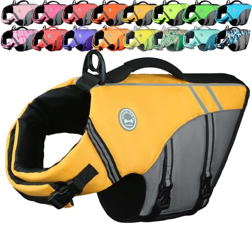 VIVAGLORY Sports Style Hundeschwimmweste, Rettungswesten Für Hunde Bootfahren, Auftrieb & Schwimmhilfe, Schwimmweste, L, Gelb