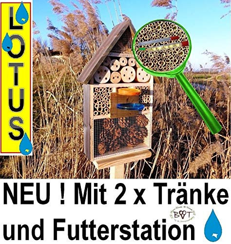 INSEKTENHOTEL,LOTUS-AUSFÜHRUNG (mit wasserabweisender Oberfläche), MIT 2 x SICHTGLAS ca. 8 mm und 11 mm (2 BEOBACHTUNGSRÖHRCHEN aus Glas, mit Zellstoff-Verschluss und Anflughilfe) MIT TRÄNKE SD und FUTTERPLATZ, Futterstelle, schwarz anthrazit dunkelgrau Holz Nistkästen biologische Garten,Insektenkasten, Insektenhaus, funktionelle Garten Deko passend zum Vogelhaus oder Vogelhäuschen