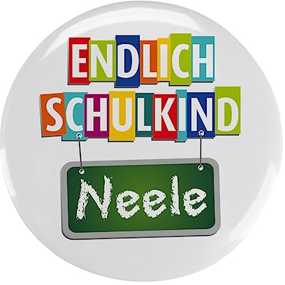 Striefchen® Button zur Schuleinführung - Endlich Schulkind - mit Namen 56mm zum Befestigen an Schultüte